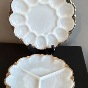 Vintage Anchor Hocking White and Gold Scalloped Serving Trays - Set of 2
